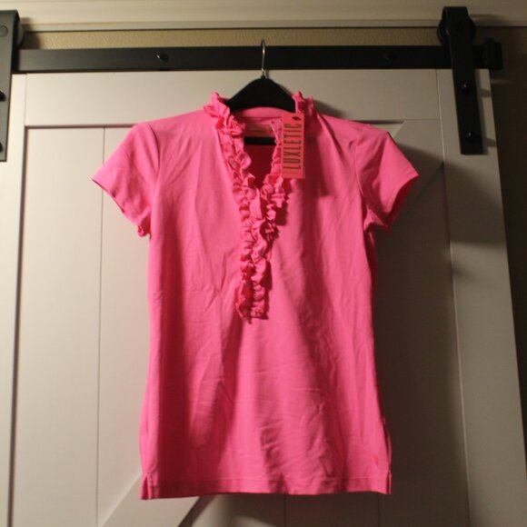 Lilly Pulitzer Sz S LUXLETIC Frida Ruffle Polo Shirt Pink Isle UPF 50+ NWT - Picture 1 of 5